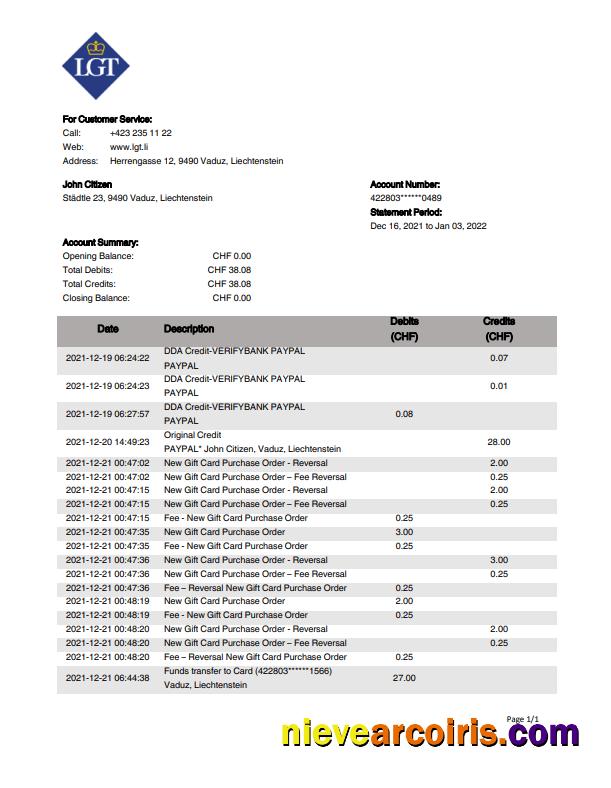Liechtenstein LGT bank statement in Word and PDF format